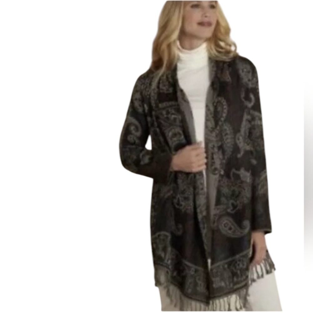 Soft Surroundings Wool Paisley Open Front Cardigan Tassel Trim Size Large